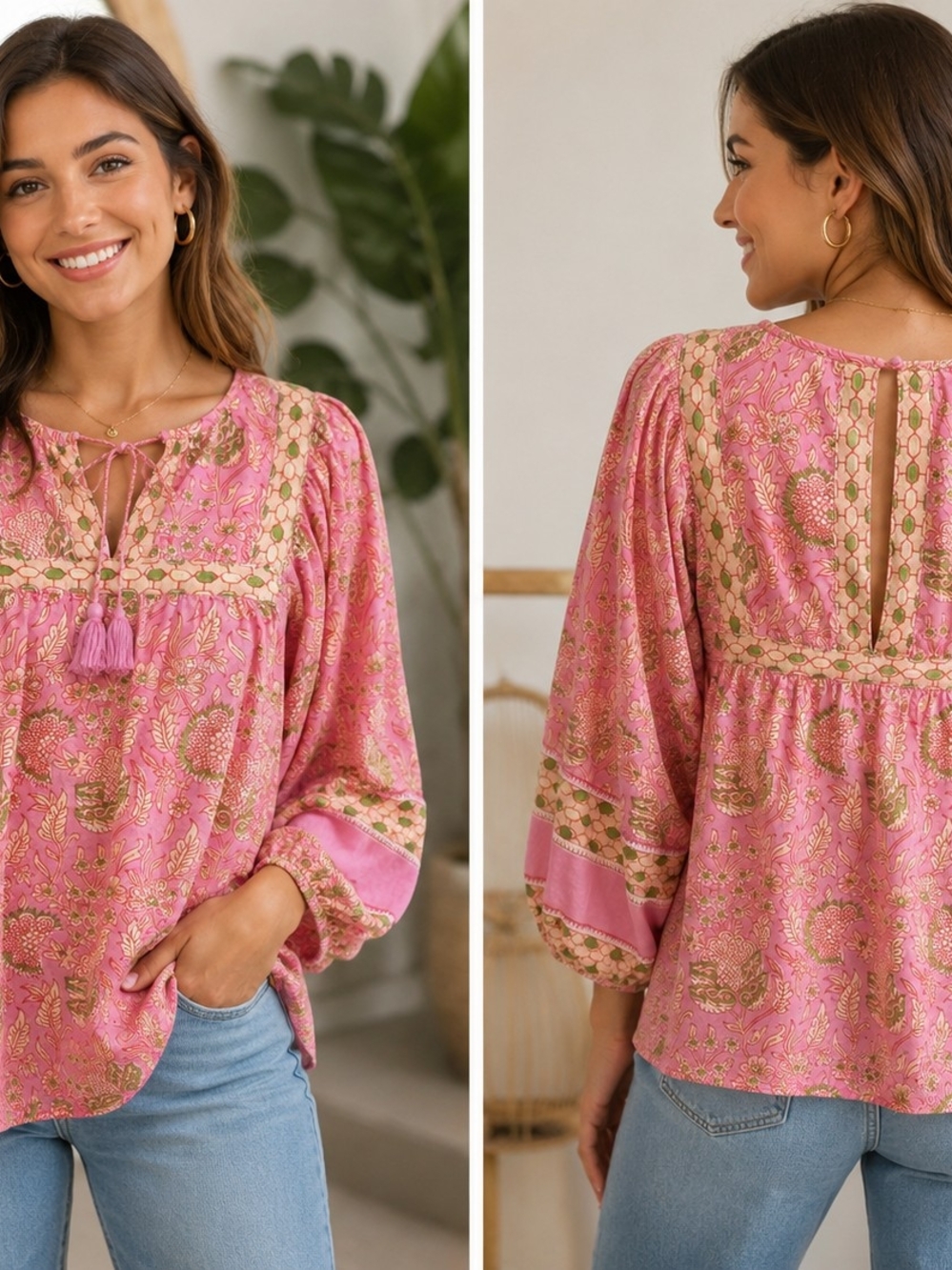 Cleobella Amaryllis Pink Boho Blouse Tassel V Neck Size L